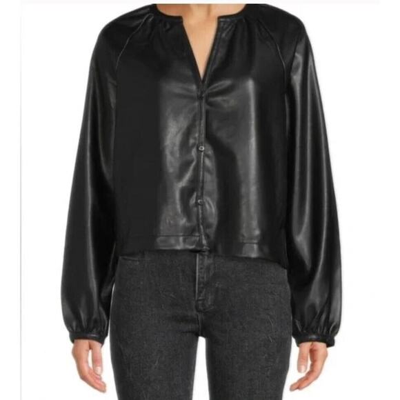 AVEC LES FILLES Faux Leather Raglan Sleeve Blouse Black Vegan Sz M NWT - Picture 1 of 7